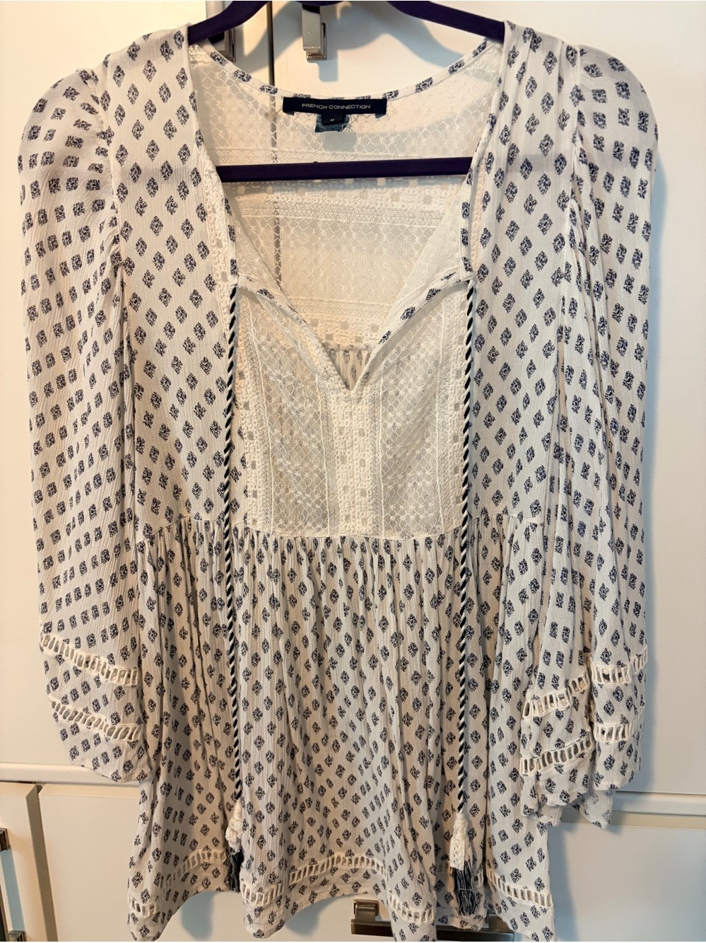 French Connection Cream and Navy Printed Peasant Blouse M